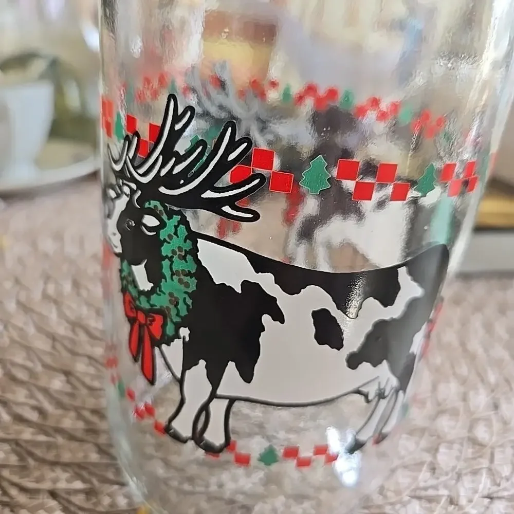 Vtg Holiday Christmas Pitcher Cow Glass Milk Bottle Carafe France Red Lid Farm